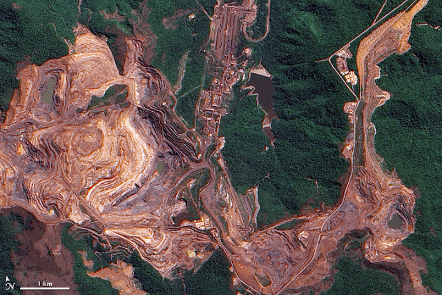 Mina de ferro de Carajás, Pará, da Vale, importante fornecedora de minério de ferro para produção de aço (Foto: NASA)