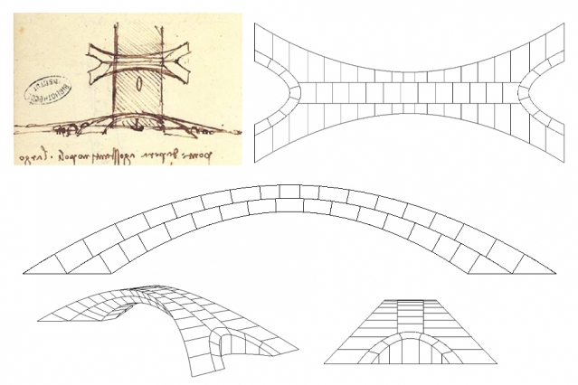 O desenho original de Leonardo da Vinci da proposta da ponte (canto superior esquerdo), mostrando uma vista aérea no topo e uma vista lateral abaixo, incluindo um veleiro passando embaixo da ponte. À direita e abaixo, desenhos de Karly Bast e Michelle Xie mostrando como a estrutura pode ser dividida em 126 blocos individuais, impressos em 3D para construir um modelo em escala. Foto: Karly Bast e Michelle Xie